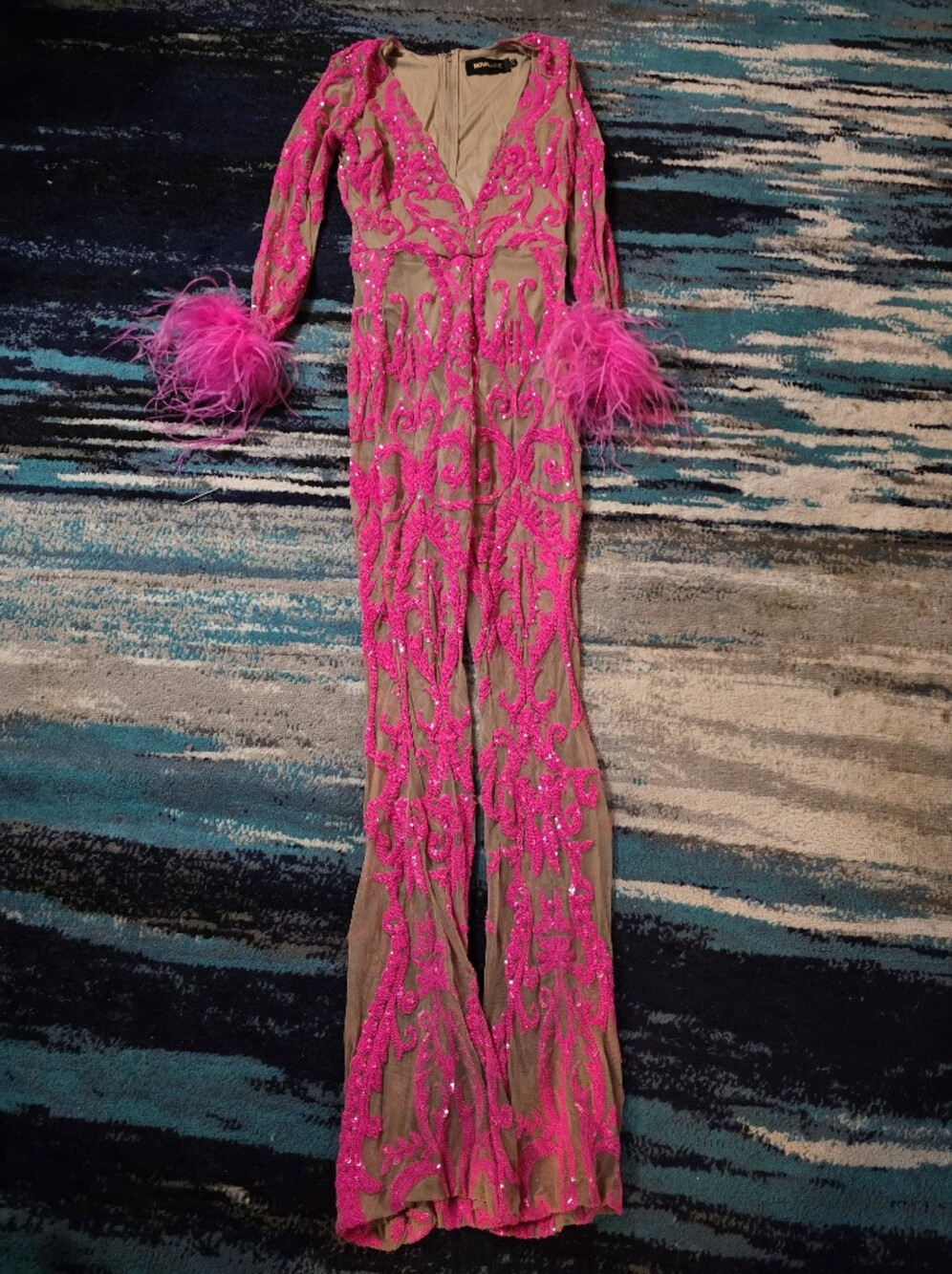 Dancing Queen Disco Festival Sequin Feather Nude Hot Pink Jumpsuit Bridal Shower - Picture 6 of 8